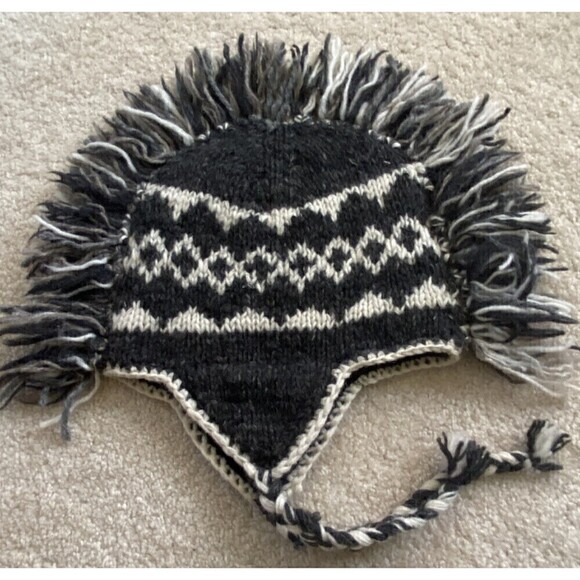 Woolies Wool Hat Cap Ear Flap L Grey Beanie Polar Fleece Lined Nepal Aztec Ikat - Picture 4 of 7